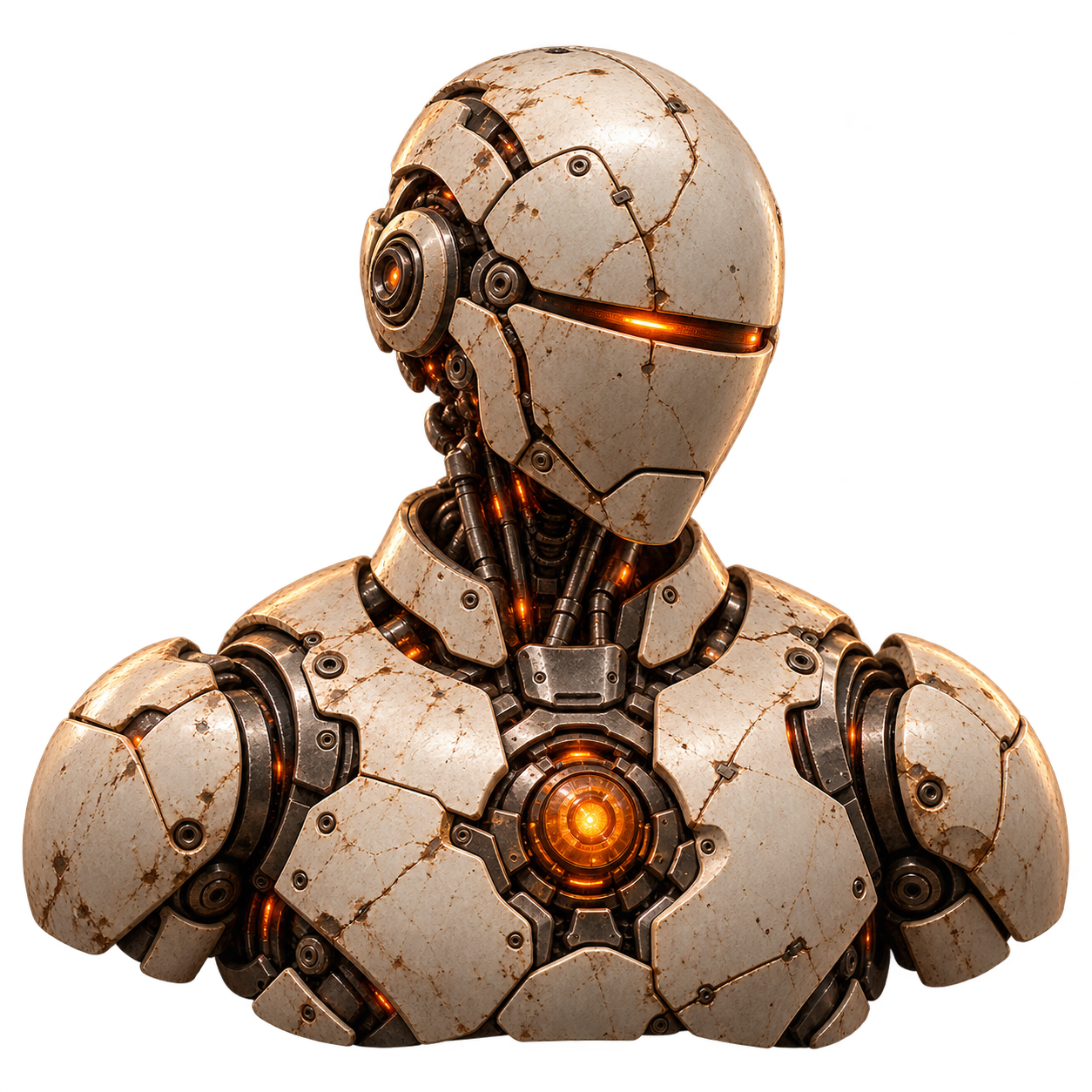 An Agent with a weathered ceramic shell, exposed metal details and a glowing orange memory core
