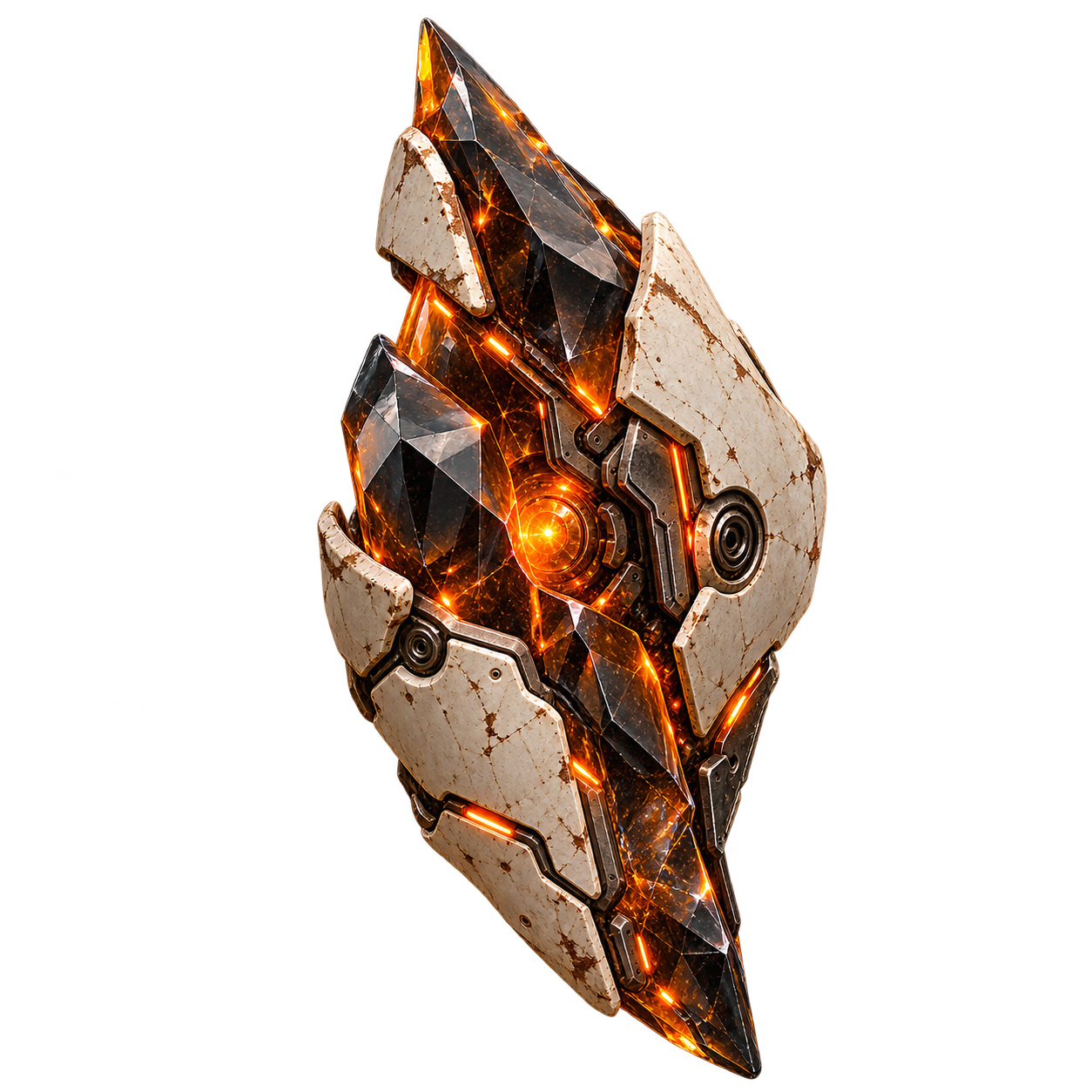 A faceted memory fragment with a glowing orange core and cracked mineral surfaces